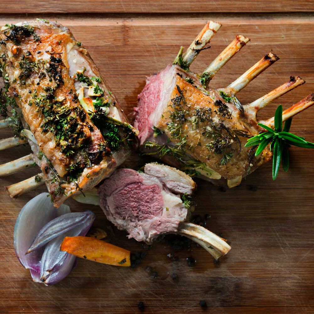 Roast Rack of Lamb with Rosemary, Basil, Parsley Pesto Recipe Sur La