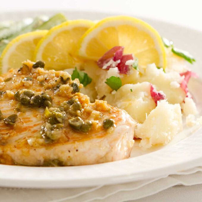 Swordfish Roasted with Potatoes and Served with Caper Mayonnaise Recipe