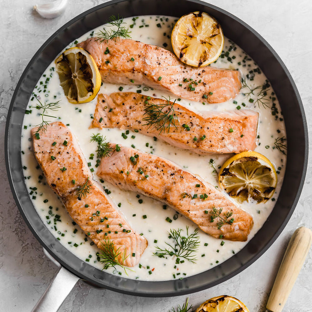 Pan Seared Salmon With Lemon Herb Parmesan Sauce Recipe Sur La Table