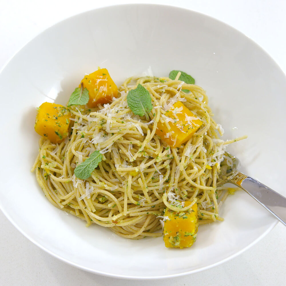 Whole Wheat Spaghetti with Butternut Squash and Hazelnut Pesto Recipe