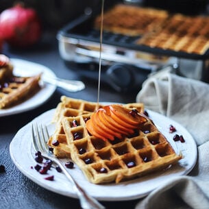 Persimmon Spice Waffles with Persimmons, Pomegranates and Pecans
