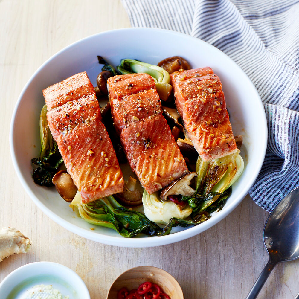 GingerSoy Roasted Salmon with Bok Choy and Shiitake Mushrooms Recipe