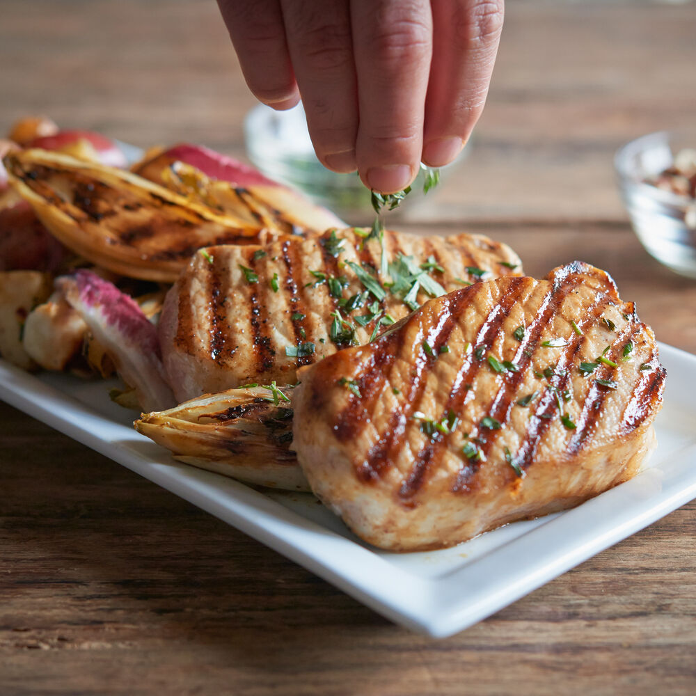 SteamGrilled Pork Chops with Endive, Pecan Nuts and Tarragon Recipe Sur La Table
