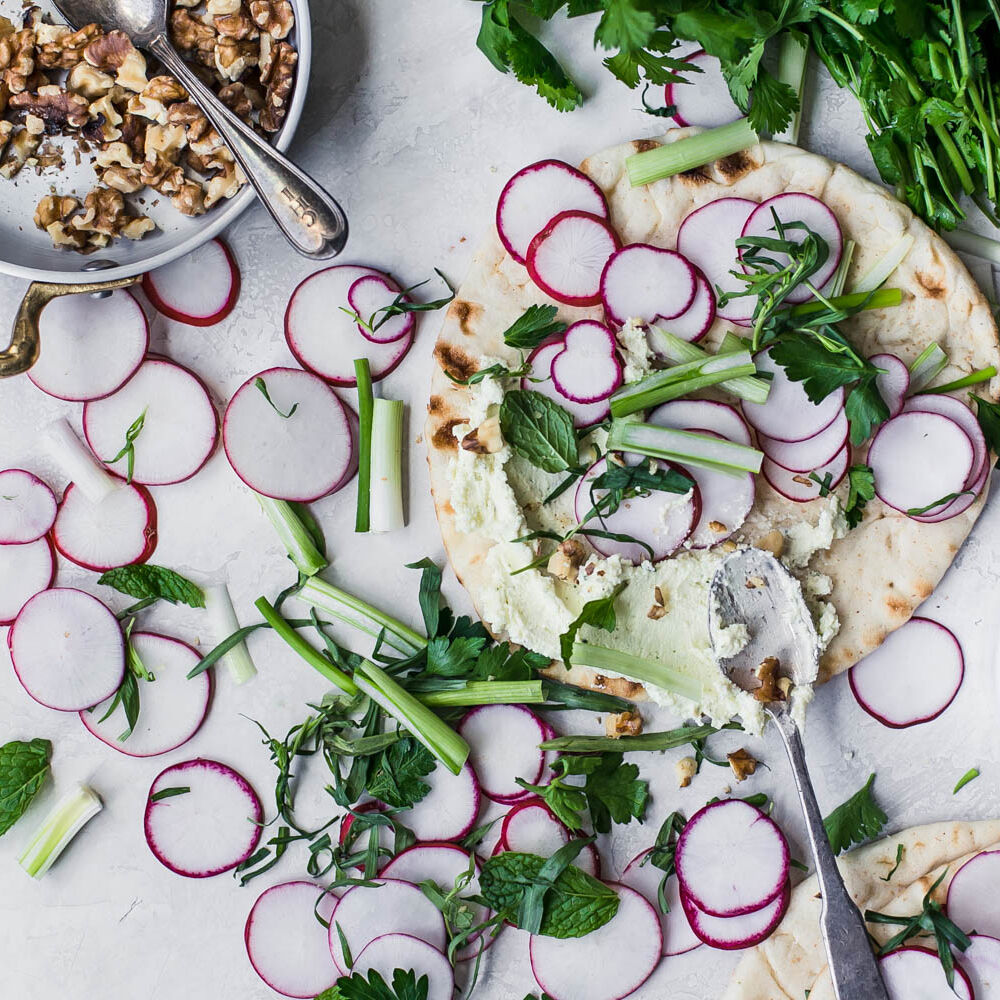 Flatbread With Radishes Feta And Spring Herbs Recipe Sur La Table