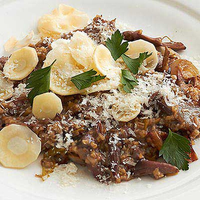 Anson Mills Oat Risotto with Oxtail Roasted Shallot and Parsnips