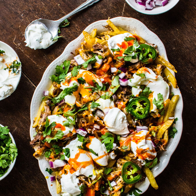 Instant Pot Carnitas-Loaded French Fries with Poached Eggs