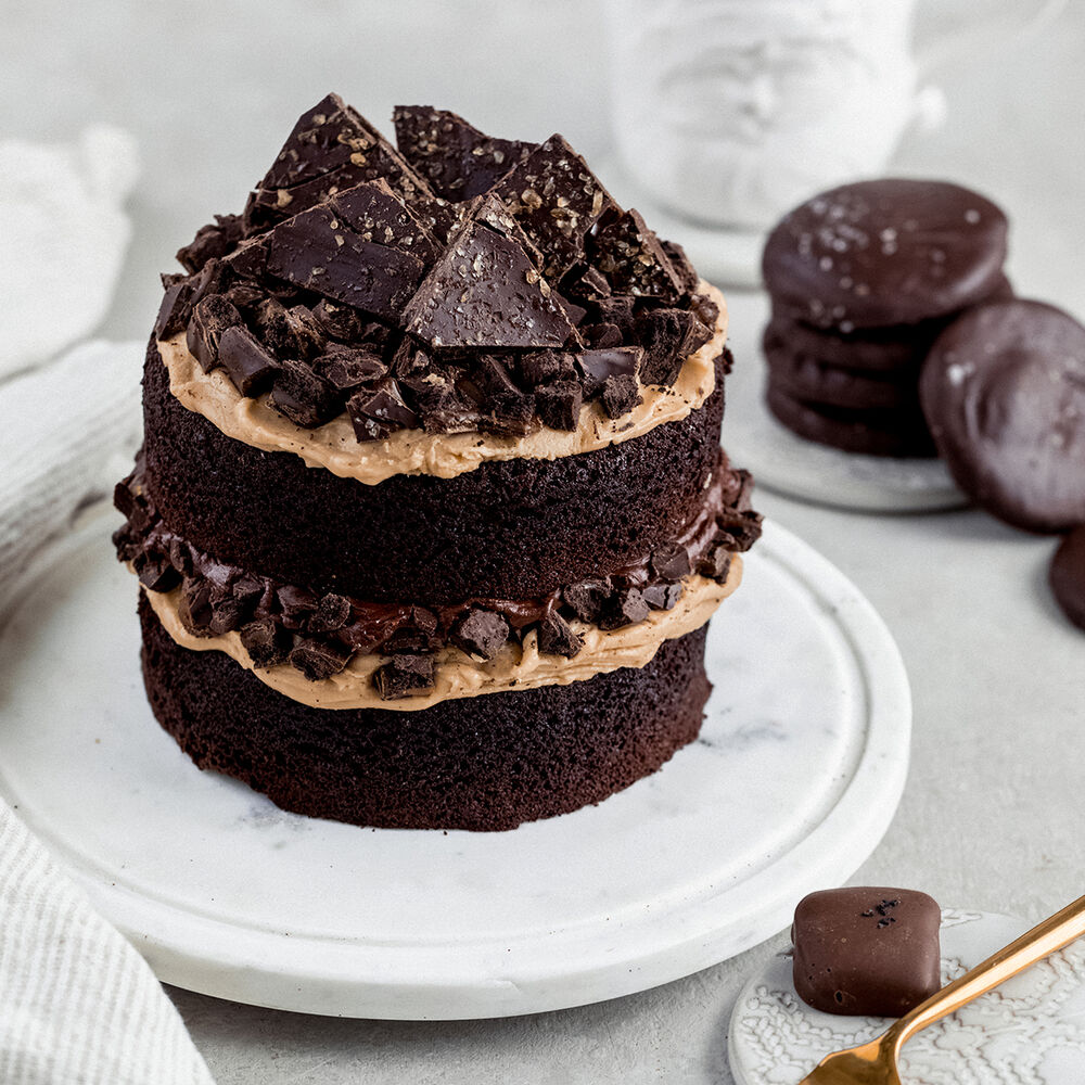 Layered Chocolate Cake with Caramel Frosting and Dark Chocolate Salted Caramel Cookies Recipe