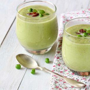 Peas and Leek Soup with Dill, Bacon Crumble and Sour Cream
