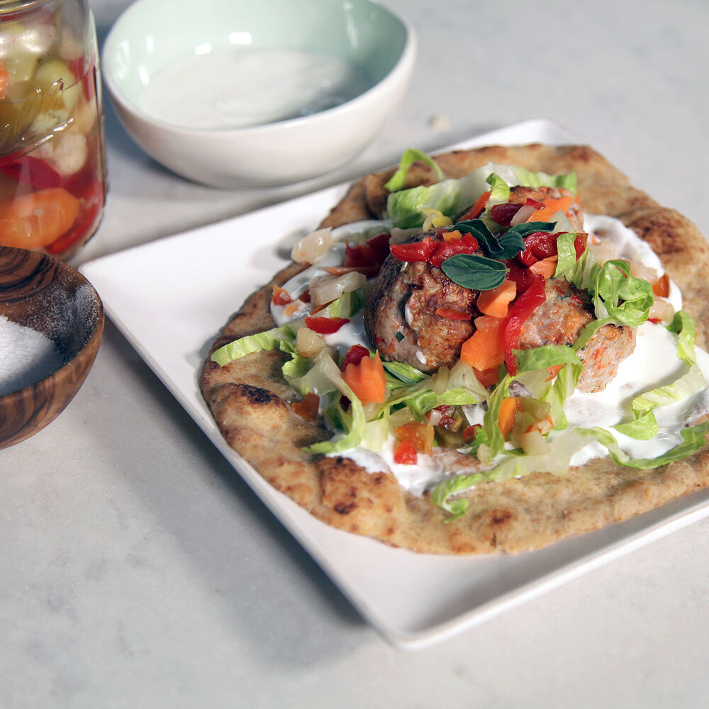Turkey Meatball Naan’wich with Yogurt and Pickled Vegetables Recipe