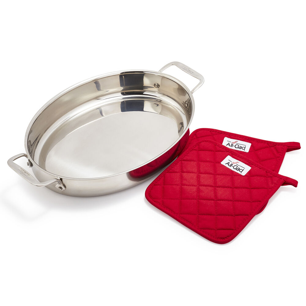 AllClad d3 Stainless Steel Oval Roaster with Pot Holders Sur La Table
