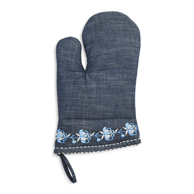 Embroidered Floral Blue Oven Mitt