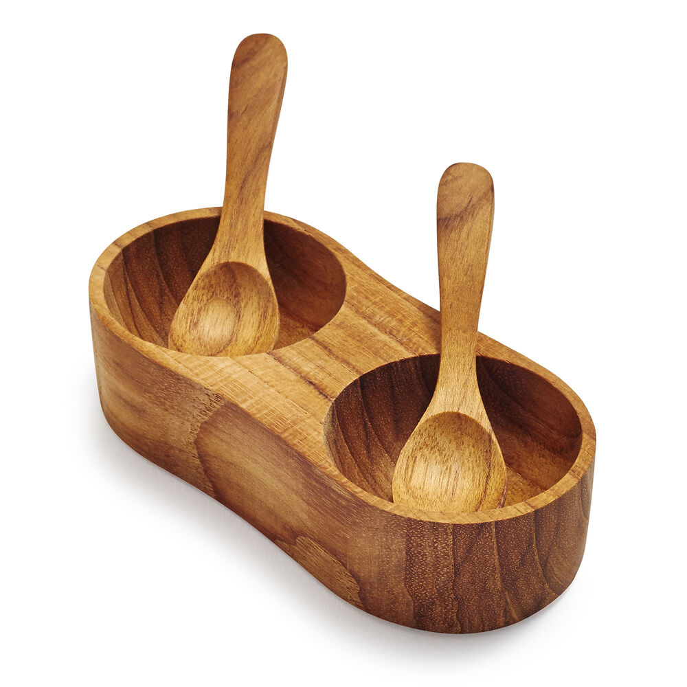 Teak Salt and Pepper Bowl with Spoons Sur La Table