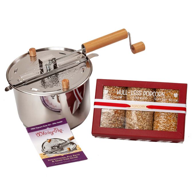 Stainless Steel Whirley Pop with Hull-less Popcorn Box Set