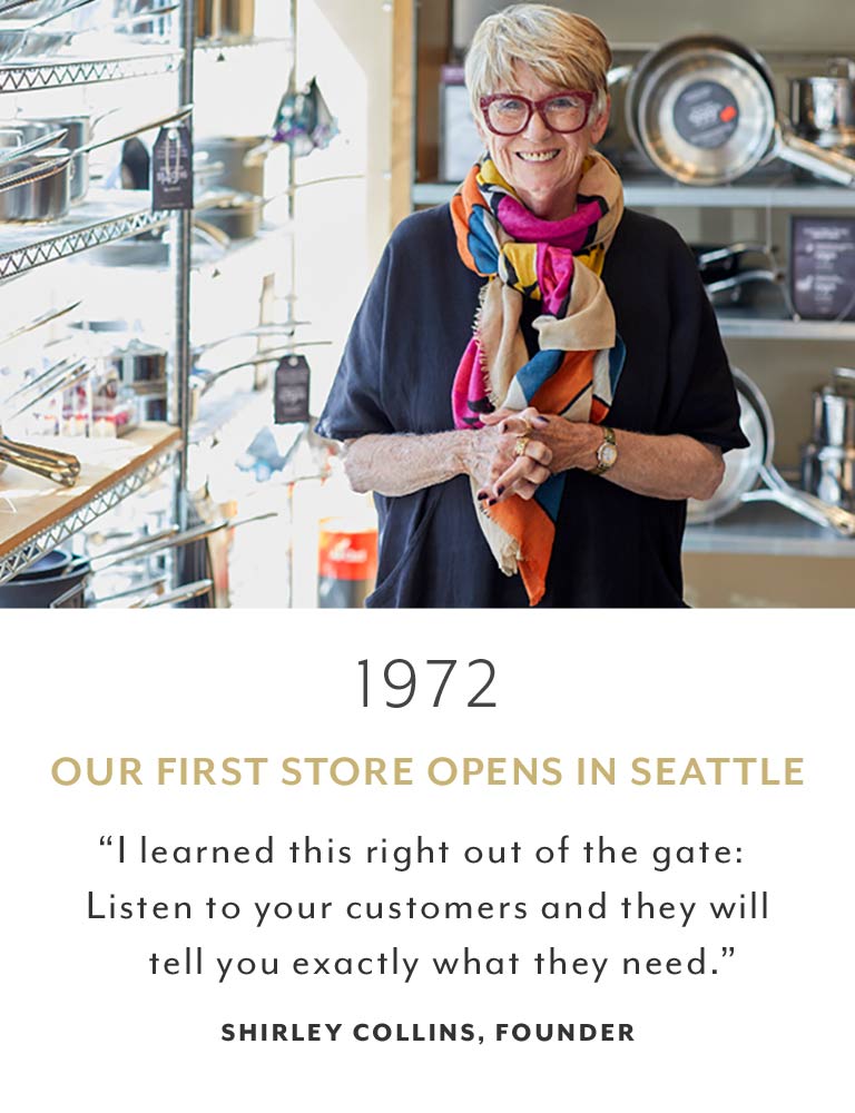 1972 our first store opens in Seattle. I learned this right out of the gate: Listen to your customers and they will tell you exactly what they need. Shirley Collins, founder.