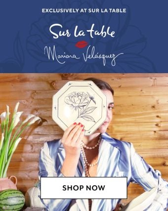 Exclusively at Sur La Table, Mariana Velasquez dinnerware and linens. Octagonal salad plate with floral line drawing design.