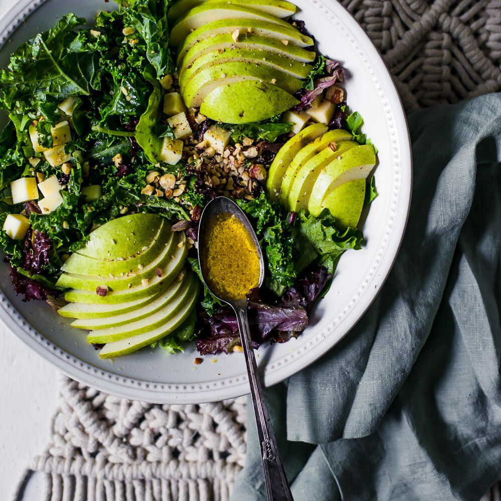 Pear Gouda And Kale Salad With Walnuts And Sherry Vinaigrette