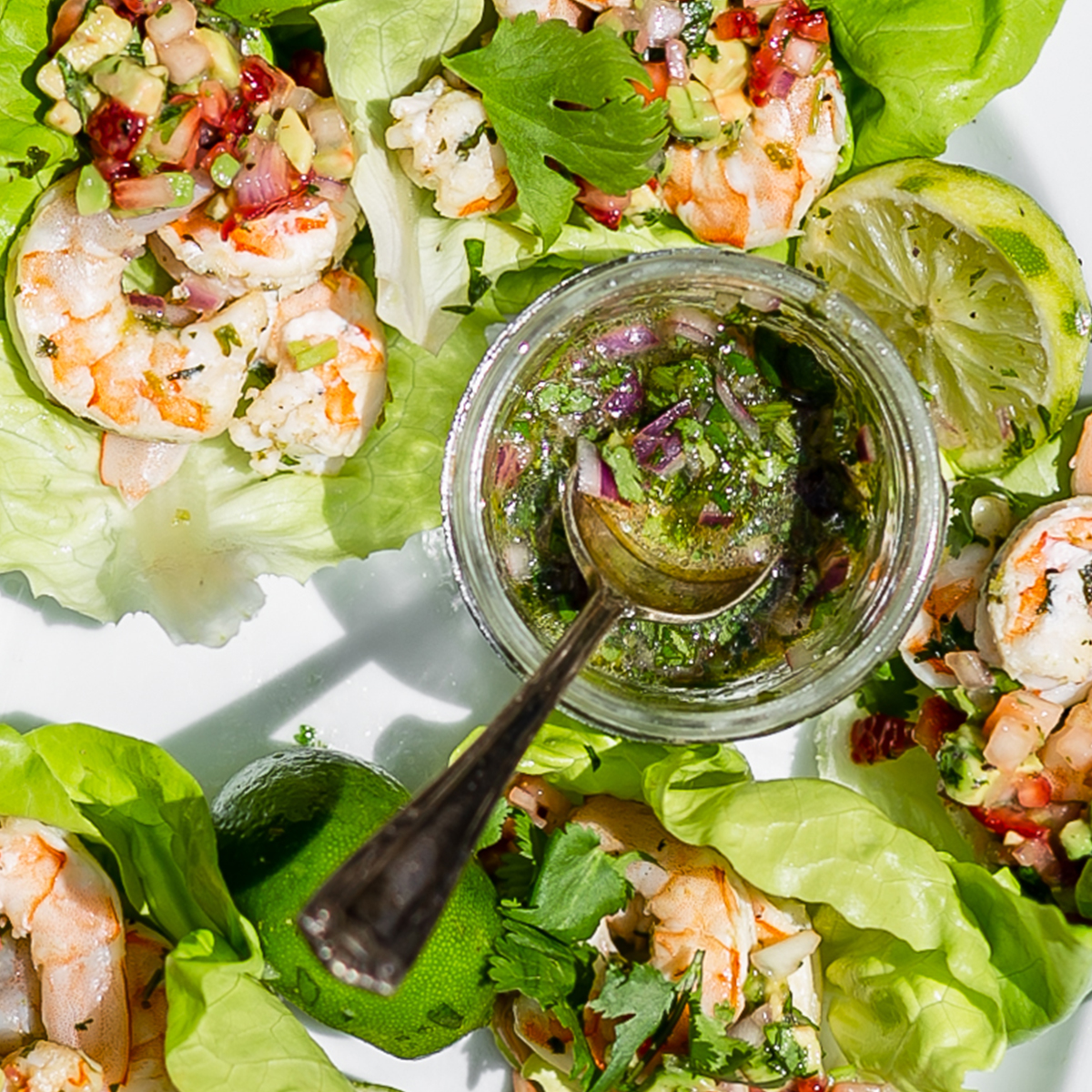 Cilantro Lime Shrimp Lettuce Cups With Strawberry Avocado Salsa Recipe Sur La Table