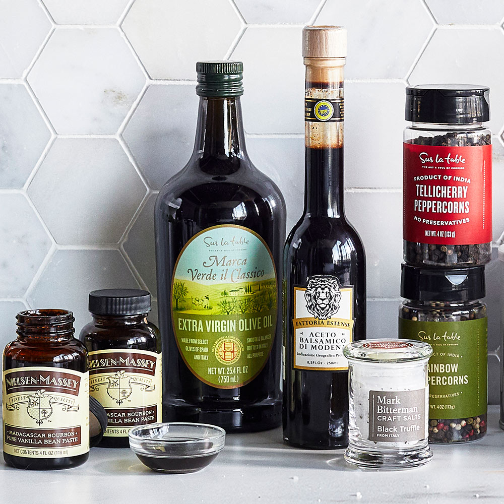 Olive oil, vinegar, spices, vanilla extract