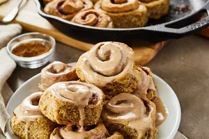 Pumpkin cinnamon rolls made with Sur La Table baking mix