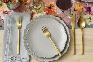 New Fall Botanical Table linens with grey scalloped plates