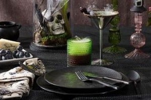 Black Halloween plates and decor