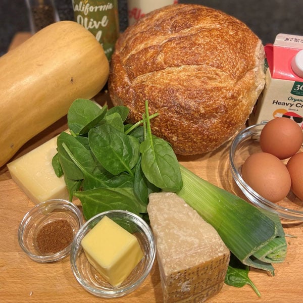 ingredients for Winter Squash Bread Pudding with Spinach and Gruyere