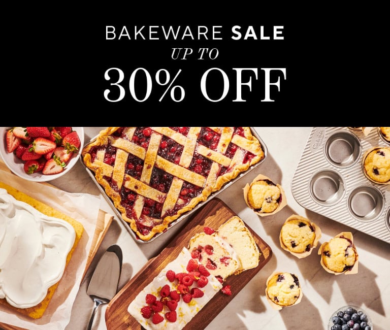 Bakeware Sale up to 30% off. Sur La Table Platinum Professional bakeware with muffins and cobbler.