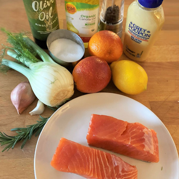 ingredients for Mustard-Crusted Salmon with Fennel and Blood Orange Salad