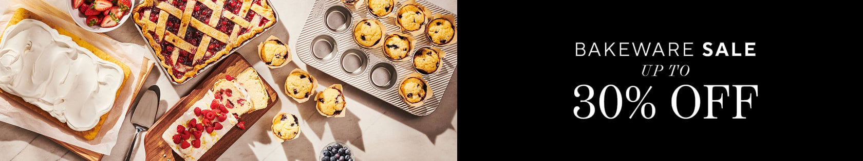 Bakeware Sale up to 30% off. Sur La Table Platinum Professional bakeware with muffins and cobbler.