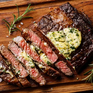 Chile-Crusted Ribeye sliced and topped with Parsley-Cilantro Oil