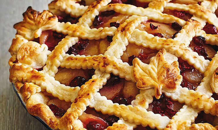 apple and cranberry pie with lattice top crust