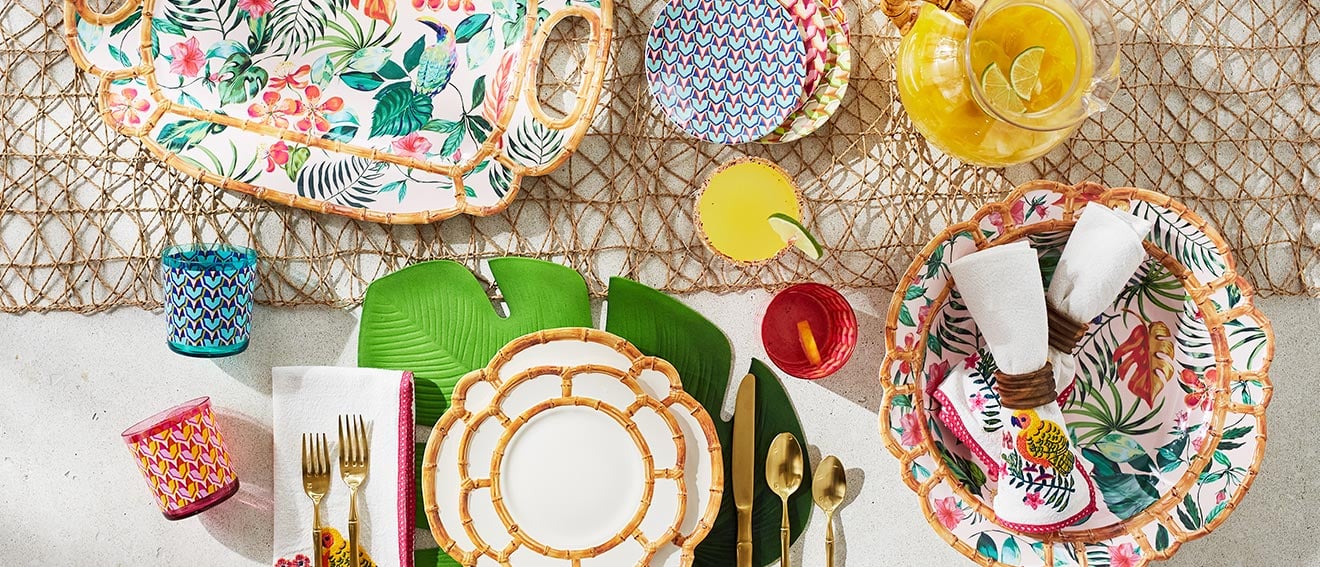 Serve up your favorite dishes with this pretty melamine dinnerware inspired by a tropical escape.