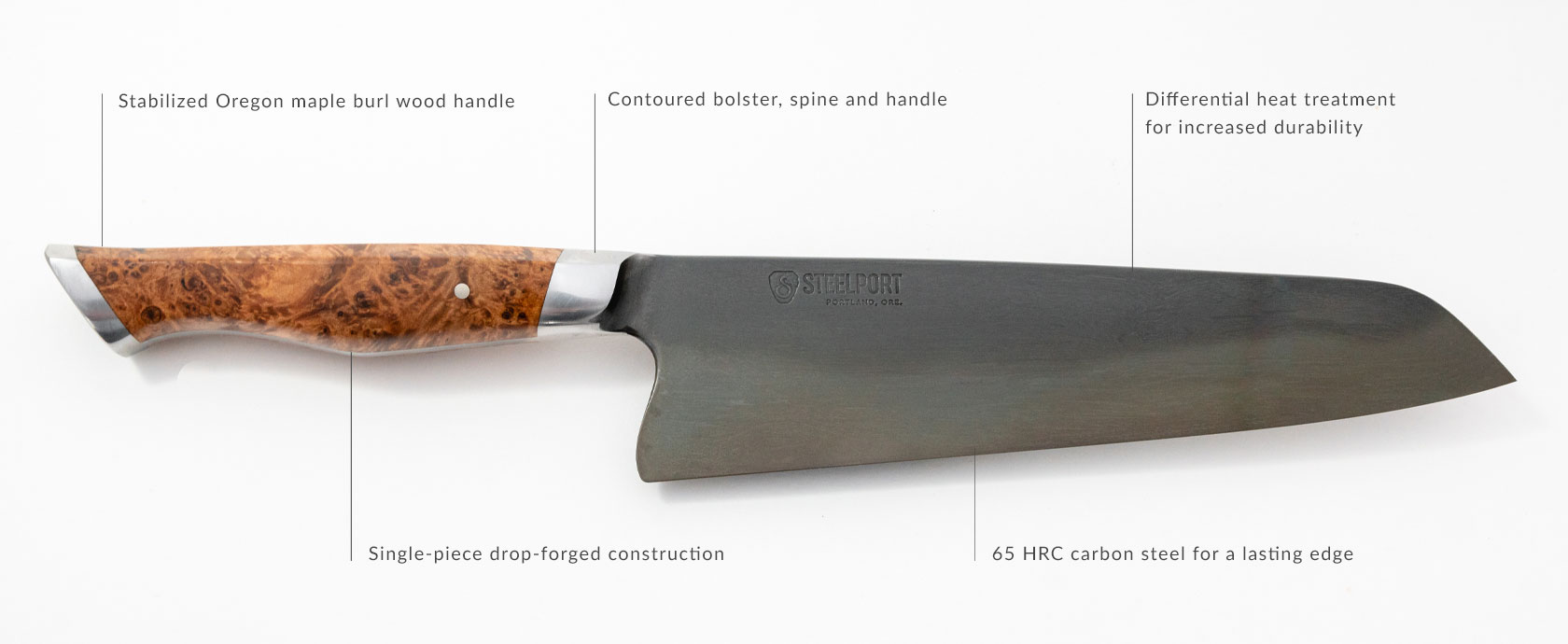 Steelport knife, stabilized Oregon maple burlwood handle. Contoured bolster, spine and handle. Differential heat treatment for increasted durability. Single piece drop forged construction. 65 HRC carbon steel for a lasting edge.