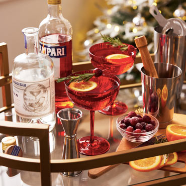 Holiday cocktails on bar cart