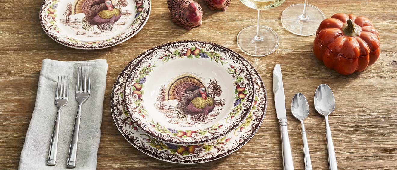 Thanksgiving dinnerware plates and bowls with turkey and fruit design