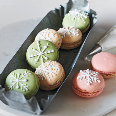 White Chocolate and Peppermint Snowflake Decorated Macarons