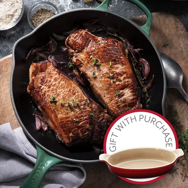 Cast Iron Seared Steak with Caramelized Shallots and Red Wine Reduction