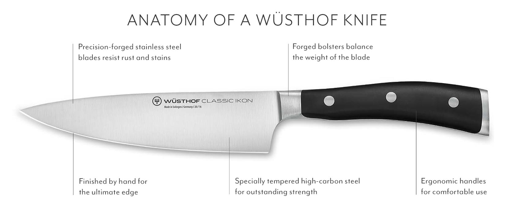 ANATOMY OF A WÜSTHOF KNIFE. Precision-forged stainless steel blades resist rust and stains. Finished by hand for the ultimate edge. Forged bolsters balance the weight of the blade. Specially tempered high-carbon steel for outstanding strength. Ergonomic handles for comfortable use.