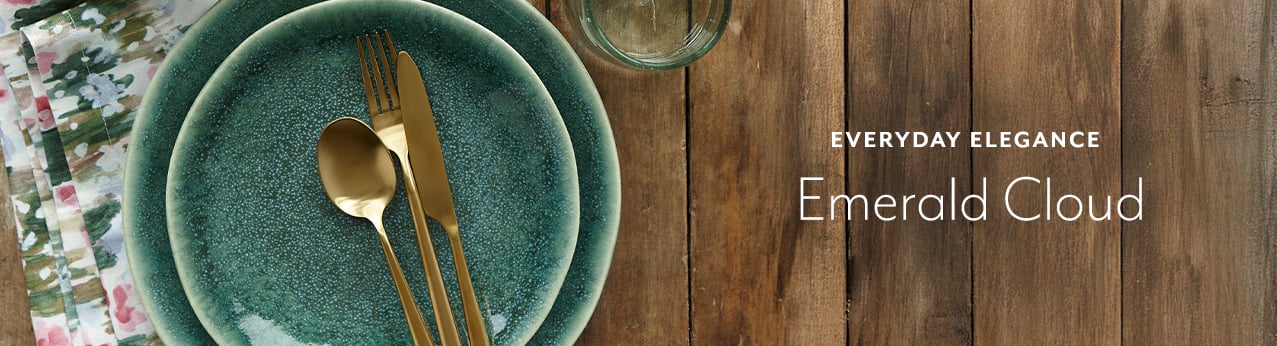 Everday Elegance Emerald Cloud, green dinnerware with gold flatware.