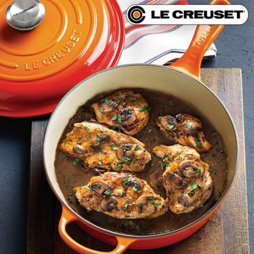 Marsala Braised Chicken with Mushrooms in Le Creuset pan