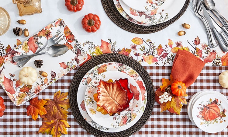 Fall harvest dinnerware, linens and napkin rings
