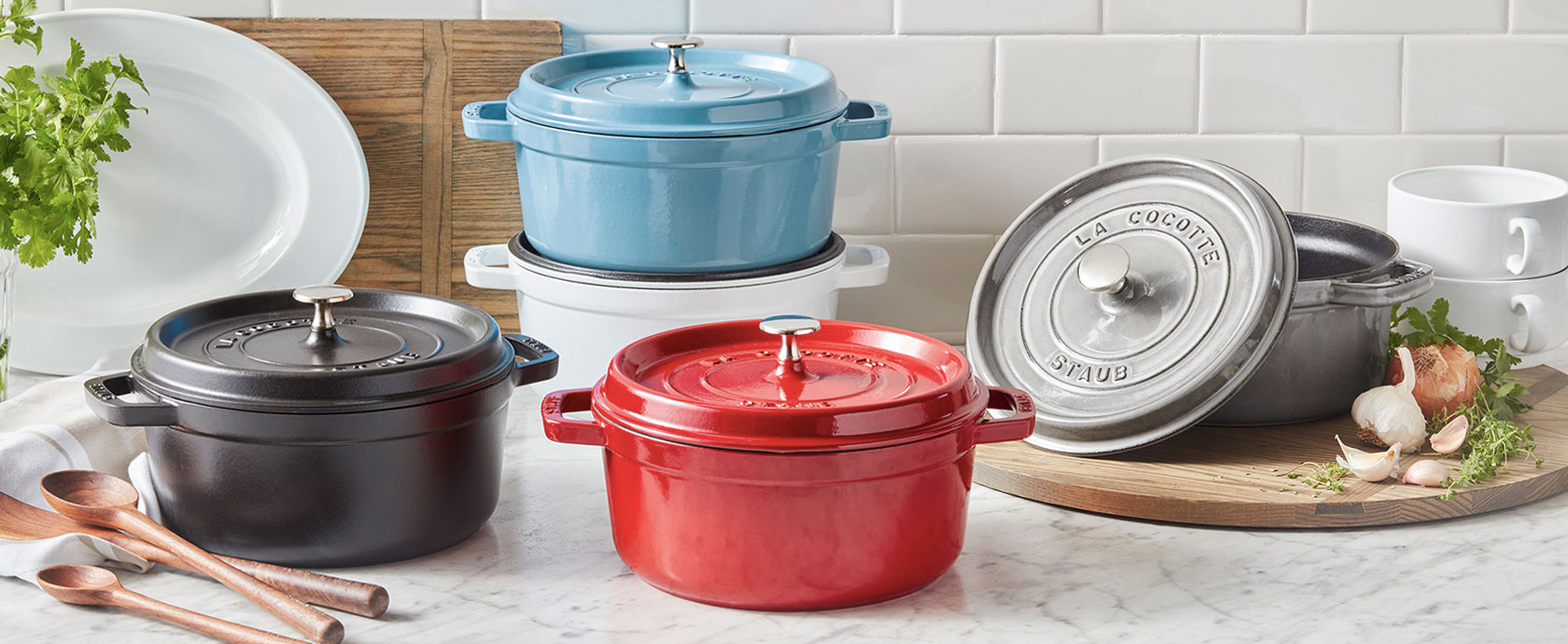 Staub cocottes in various colors