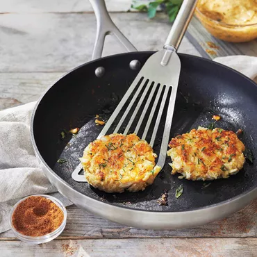 Crab Cakes in Scanpan nonstick skillet with Old Bay Aioli