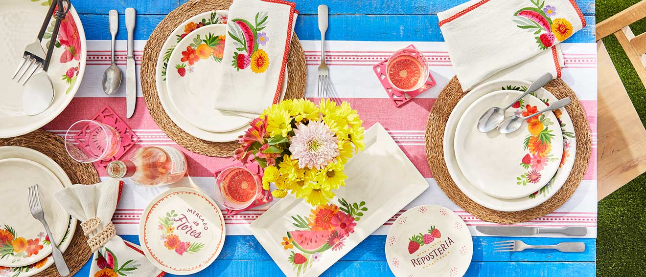 Colorful dinnerware with flowers and pineapple motif