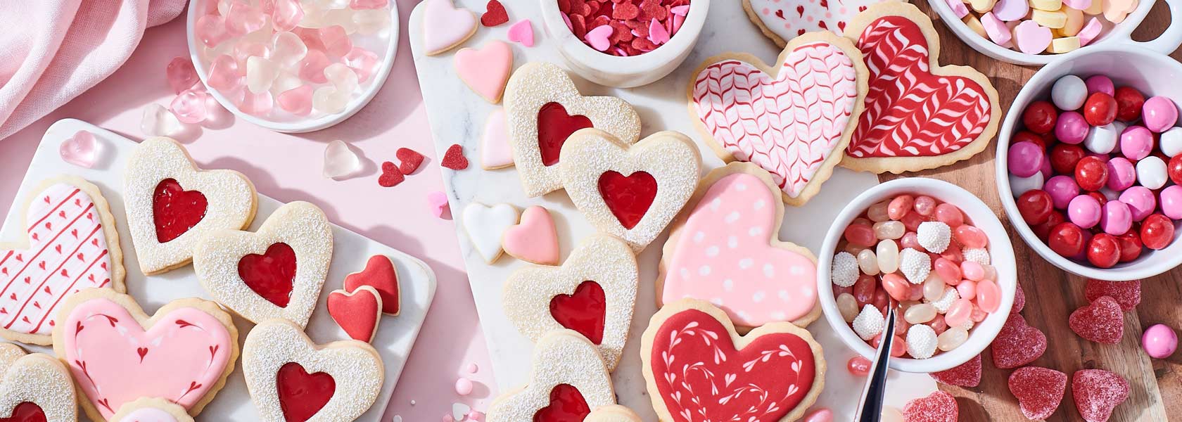 Heart shaped cookies in white, pink and red