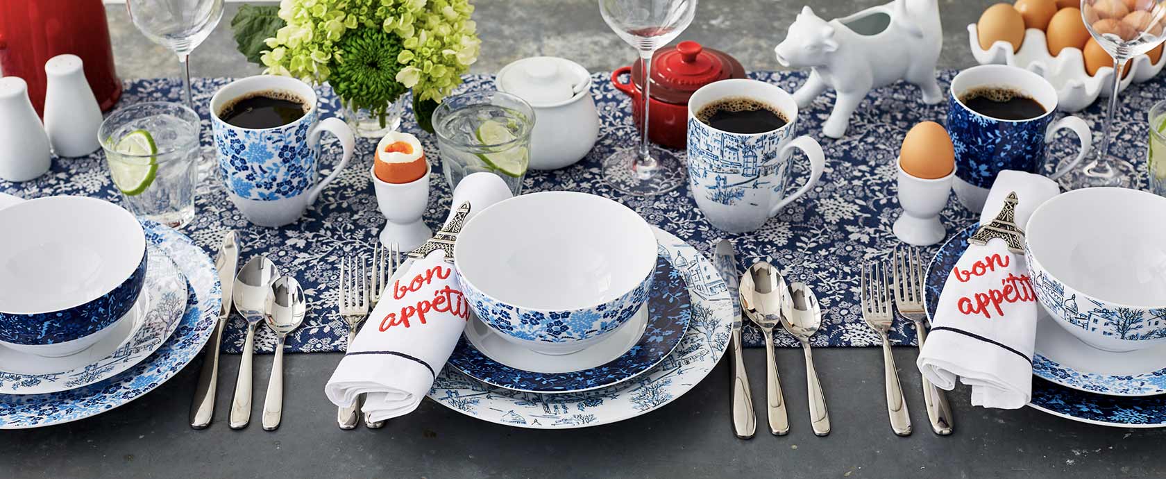 New Maison blue and white floral dinnerware and linens
