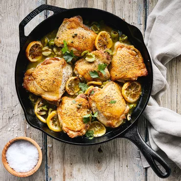 Pan-Roasted Chicken Thighs with Lemons, Capers and Olives