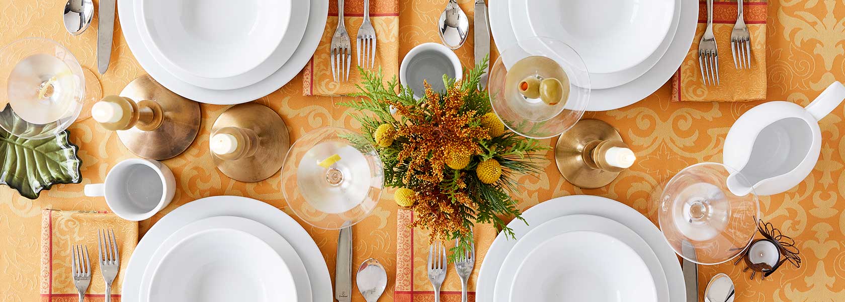 white Bistro dinnerware set on fall tablecloth