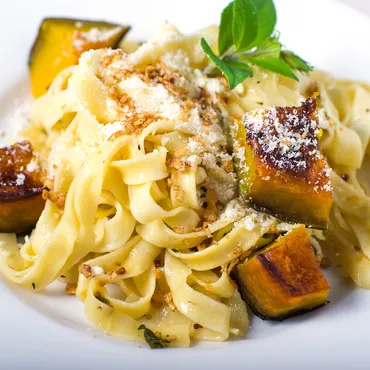 Fettuccine with Roasted Winter Squash, Arugula and Pine Nuts