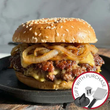Smashed Brisket Burger with Carmelized Onions